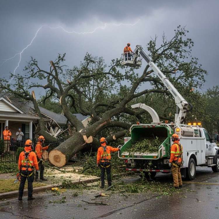 Tree crew clearing a large storm-damaged tree from a residential street