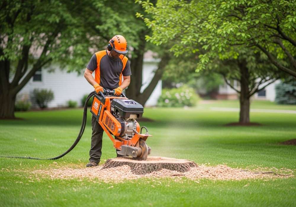 A worker operating a stump grinder in a landscaped yard